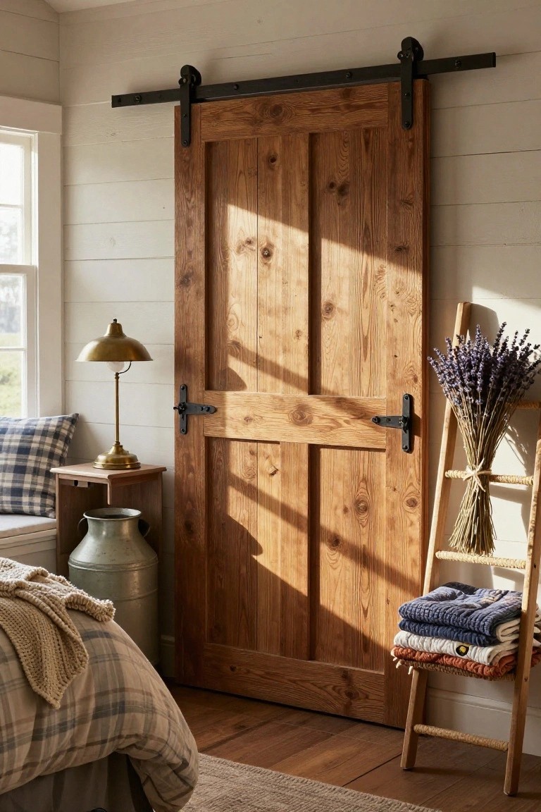 Interior of a cozy bedroom with a large wooden sliding barn door on a black metal track against a white shiplap wall, a plaid bed with folded blankets, brass lamp on a side table, metal milk jug, lavender bouquet, and wooden ladder holding textiles.