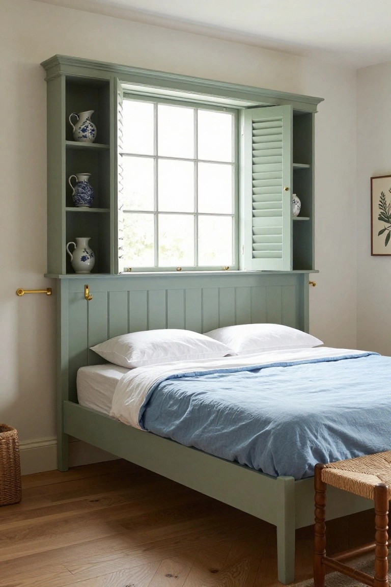 Sage green painted wooden bed frame integrated into a window alcove with open louvered shutters, built-in shelves displaying blue and white vases and jugs, white pillows and blue linen duvet on the bed, wood floor and stool nearby in a bedroom.