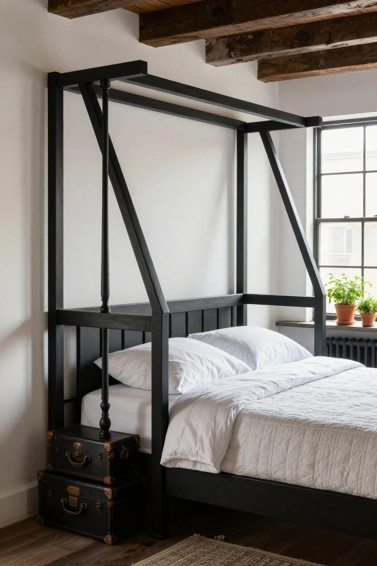A tall black wooden canopy bed frame positioned in the corner of a white-walled bedroom, with white bedding, two stacked black vintage suitcases beside it as a nightstand, potted plants on the windowsill, and hardwood floors.
