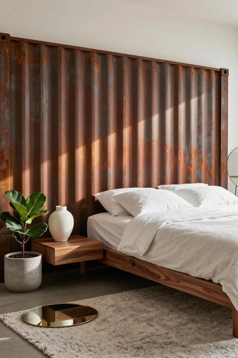 Bedroom featuring a low wooden platform bed with white linens against a tall rusted corrugated metal wall panel as headboard, wooden floating nightstand with white vase and ficus plant, concrete floor planter, and round gold mirror rug on light gray floor.