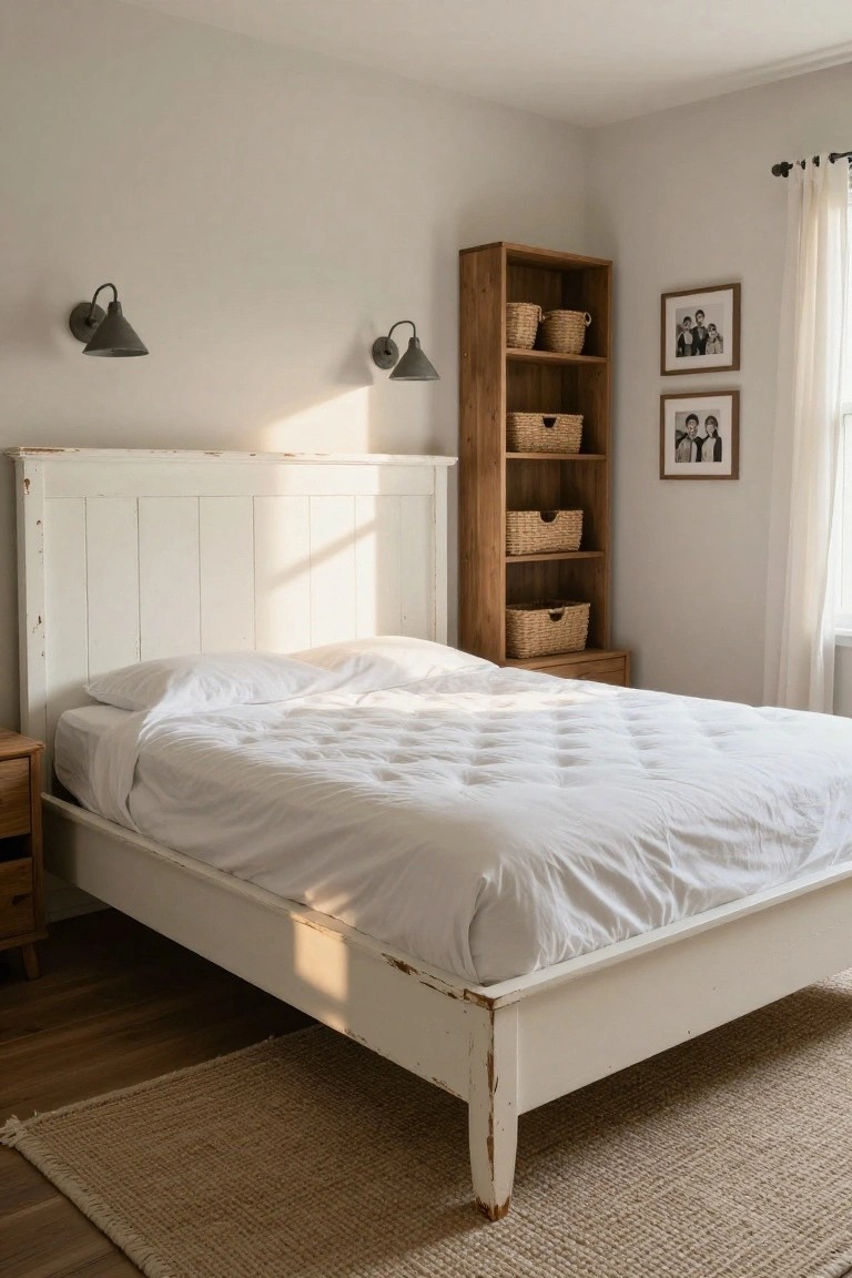 Bedroom interior with white distressed paneled bed frame, white bedding, wooden nightstand, tall wooden bookshelf holding seagrass baskets, neutral walls, and beige seagrass rug on wood floors.