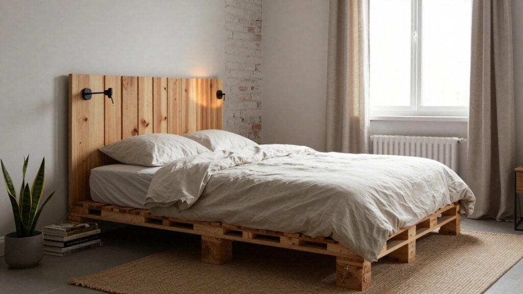 A bedroom with a low bed frame made from stacked wooden pallets, covered in white linens, next to a snake plant in a pot, with a bedside table holding books and a wall lamp lit up.
