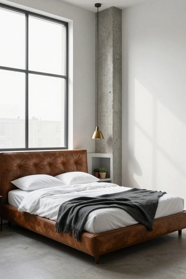 Bedroom interior with brown tufted leather platform bed, white sheets, gray throw blanket, potted plants on white shelf, brass pendant light, exposed concrete pillar, large black-framed window, and polished concrete floor.