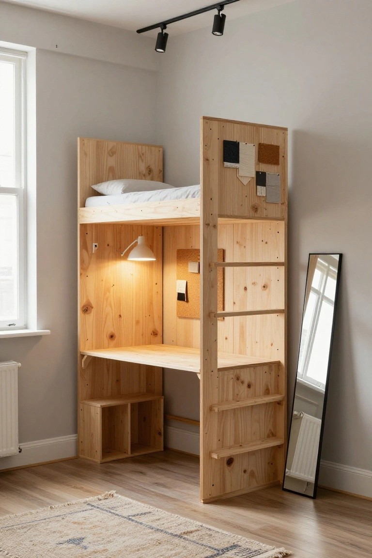 Tall pine wood lofted bunk bed with white bedding above a built-in desk, shelves, corkboard, and lamp in a light gray corner bedroom with window, mirror, and rug.