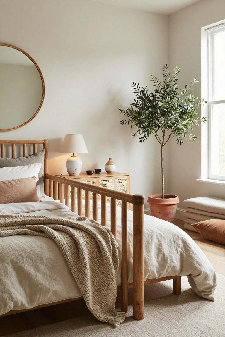 Cozy minimalist bedroom with wooden bed, beige linens, potted plant, and round mirror.