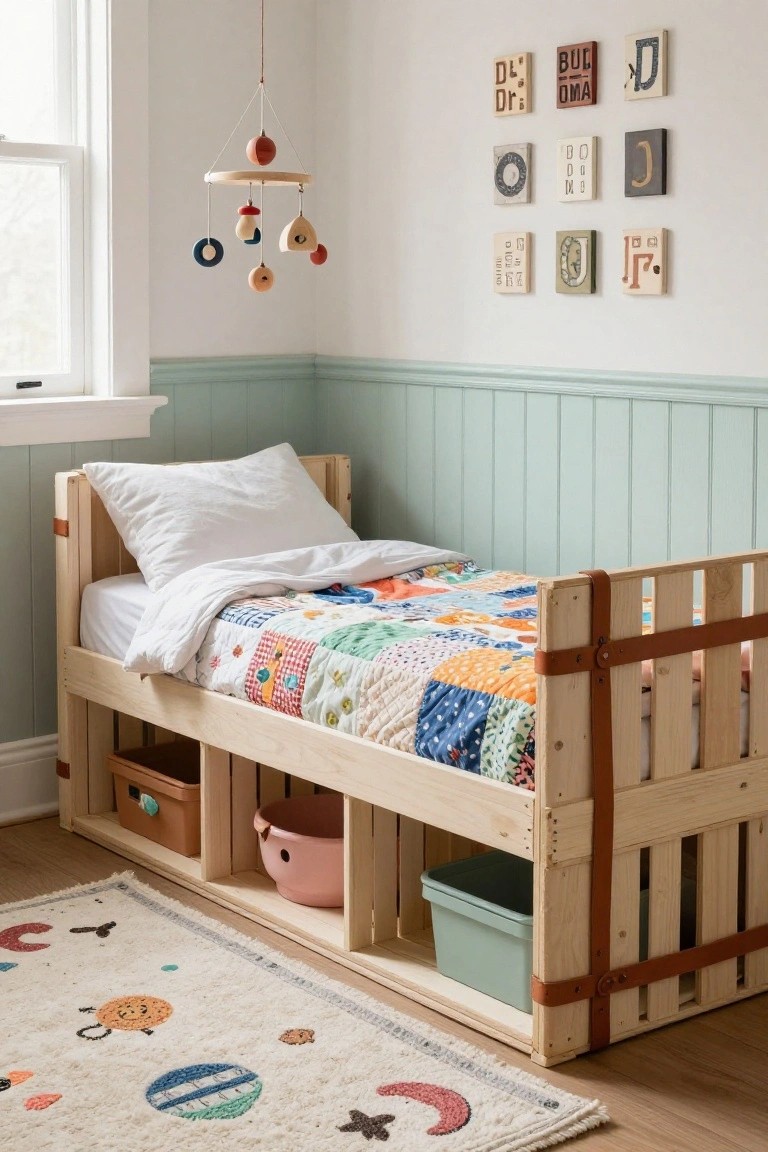 Child's bedroom with a wooden pallet bed frame featuring built-in under-bed storage cubbies holding bins and baskets, a colorful patchwork quilt on the bed, mint green wainscoting, wall art, a hanging wooden mobile, and a patterned rug on the hardwood floor.