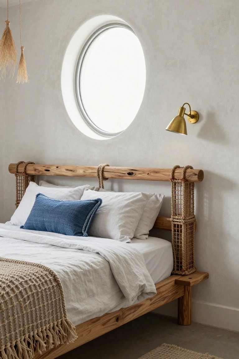 Rustic wooden bed with white linens, blue pillow, and round window above.