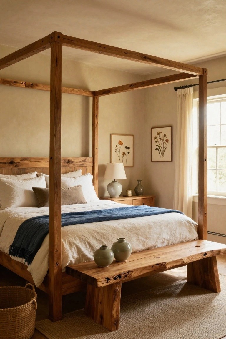 Bedroom interior with a tall wooden four-poster bed draped in white linens and a navy blanket, wooden bench at foot, nightstand with ceramic vases, and window with sheer curtains.