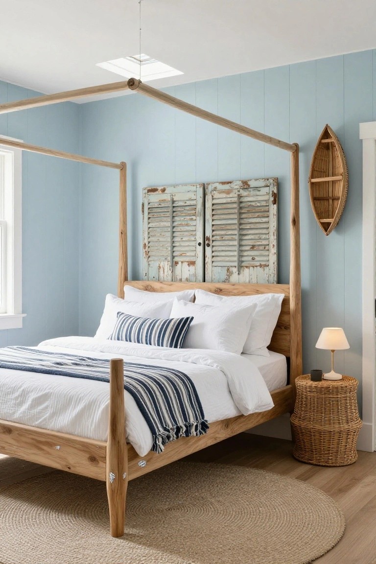 Light blue paneled bedroom featuring a canopy bed frame made of rough natural wood, white bedding with navy striped throw, wicker side table with lamp, wall-mounted canoe shelf, and distressed shutters above the headboard.