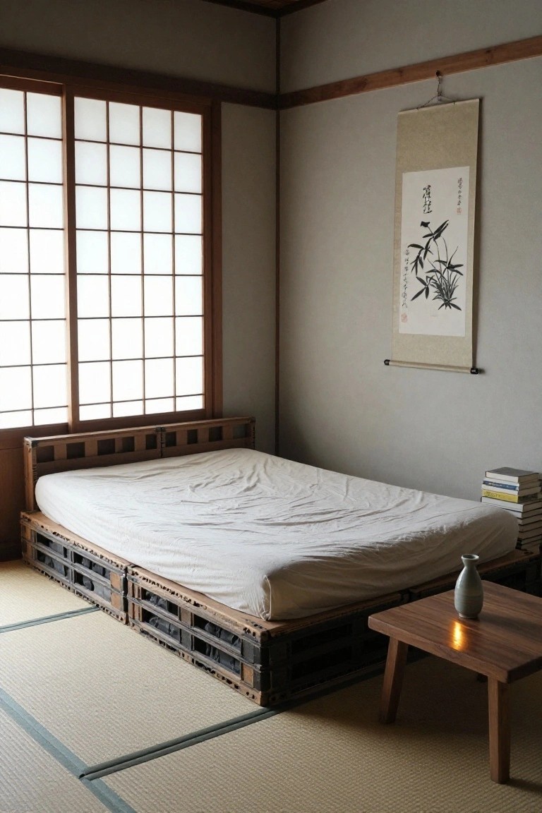 Low platform bed made from stacked wooden crates with a white sheeted mattress in a tatami-floored Japanese-style room with shoji screens, hanging scroll, books, vase, and small wooden table.