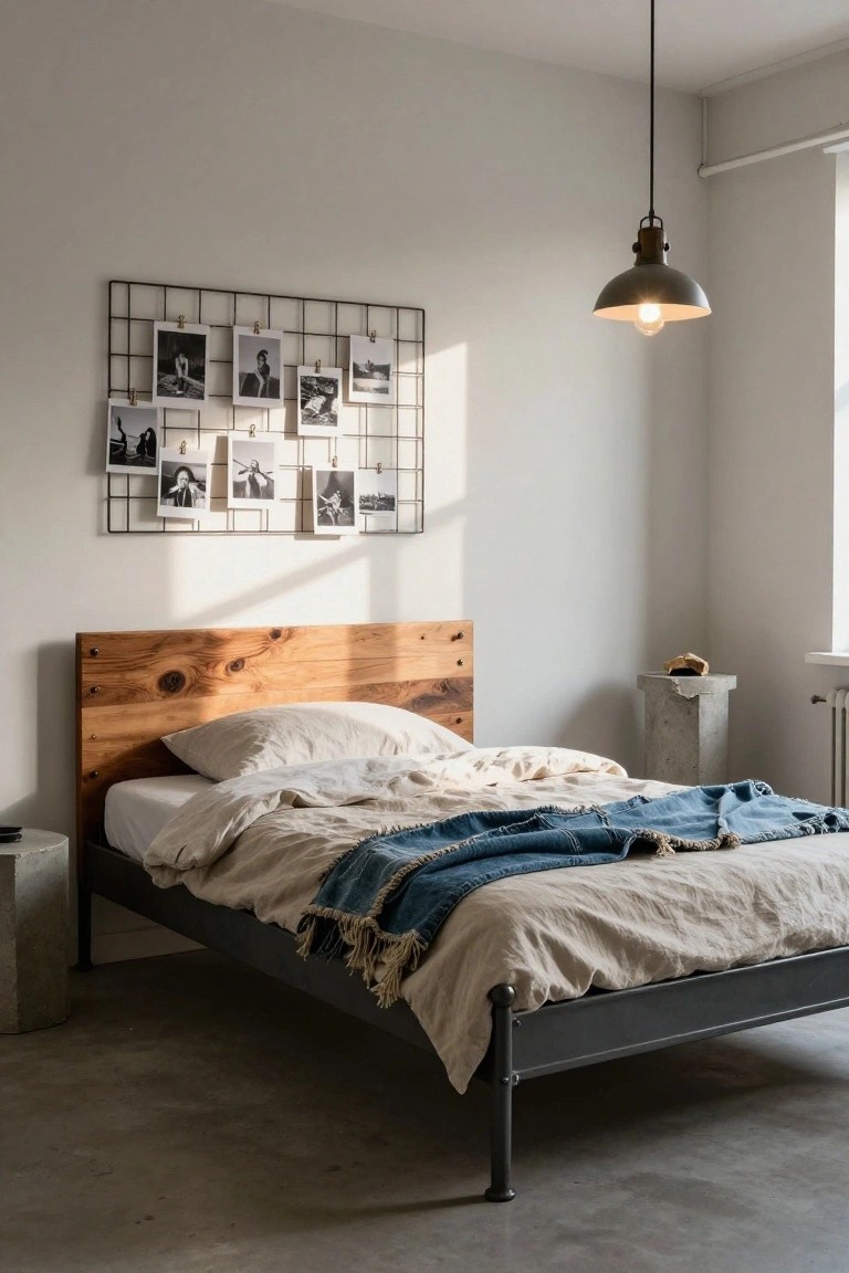 A bedroom with a black metal bed frame topped by a reclaimed wood headboard, white linen bedding draped with a blue denim throw, a concrete side table, and a wire grid of black-and-white photos on the wall.