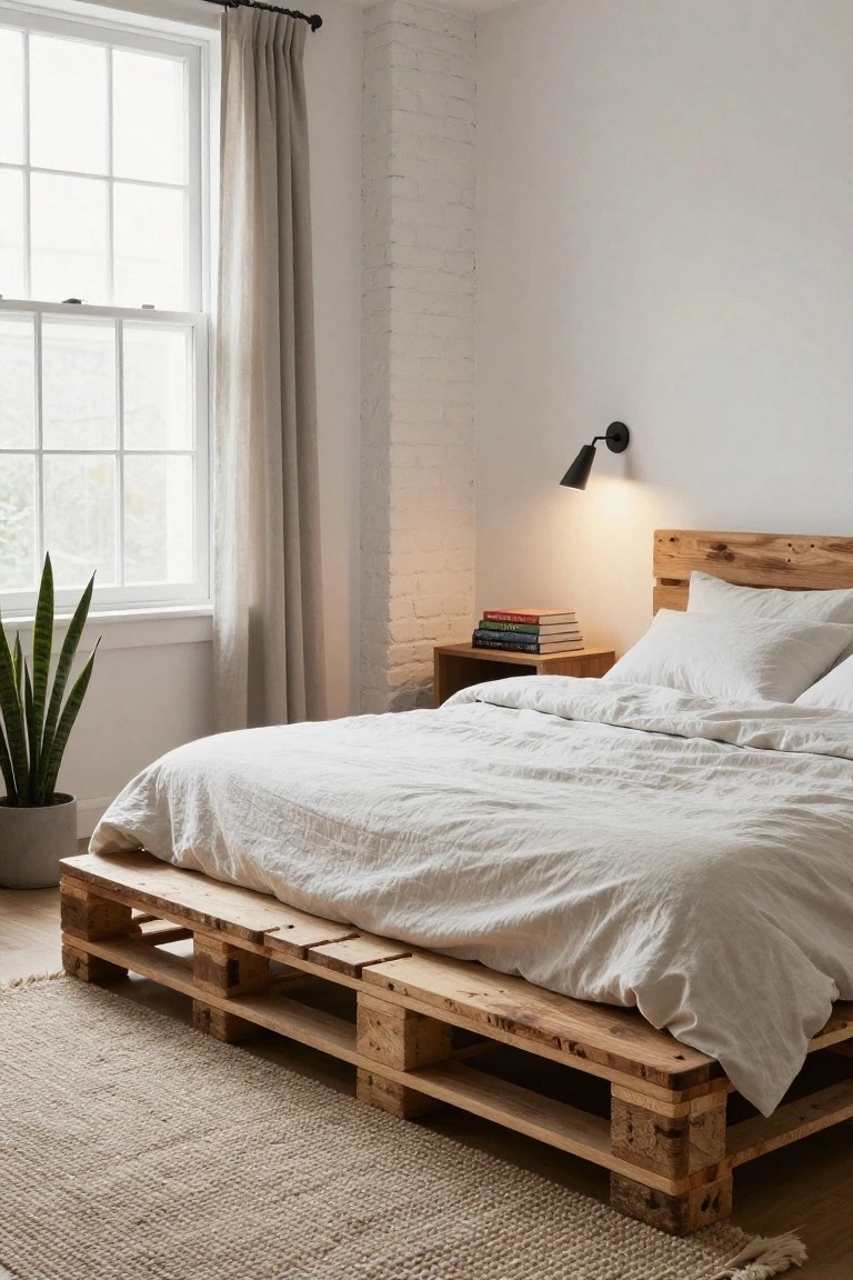 A bedroom with a low bed frame made from stacked wooden pallets, covered in white linens, next to a snake plant in a pot, with a bedside table holding books and a wall lamp lit up.