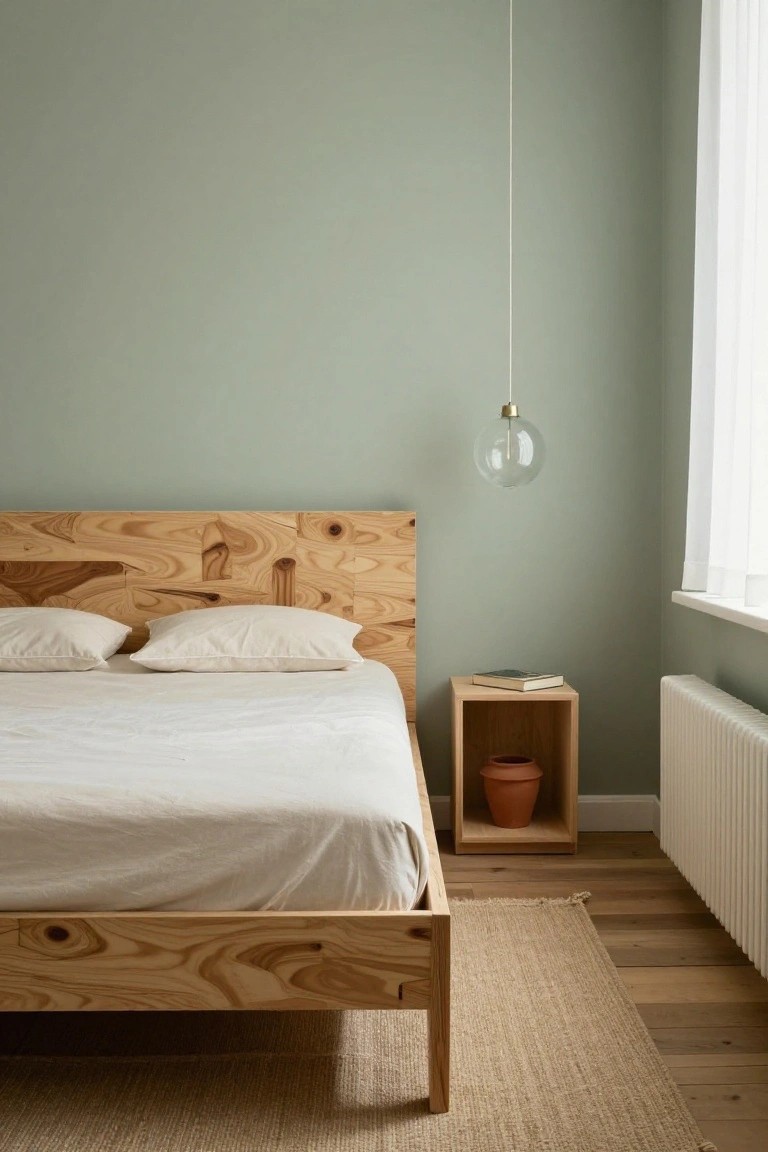 Bedroom with low platform bed made from unfinished pine plywood showing knots and grain, two white pillows on white sheets, wooden cube nightstand with book and terracotta pot plant, glass pendant light, sage green walls, beige rug, hardwood floor, white curtains, and radiator.