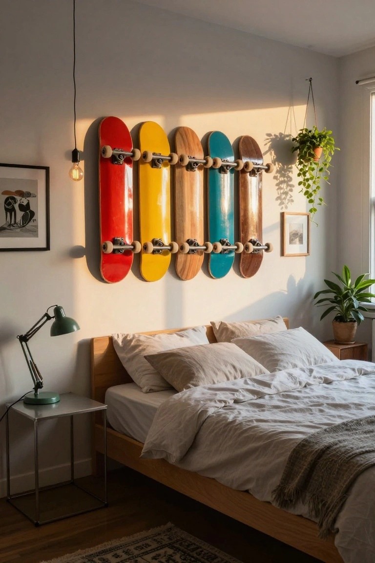 Bedroom interior with five colorful skateboards mounted horizontally on a light gray wall above a wooden platform bed, a metal bedside table with green lamp, potted plants, framed art, and natural window light.