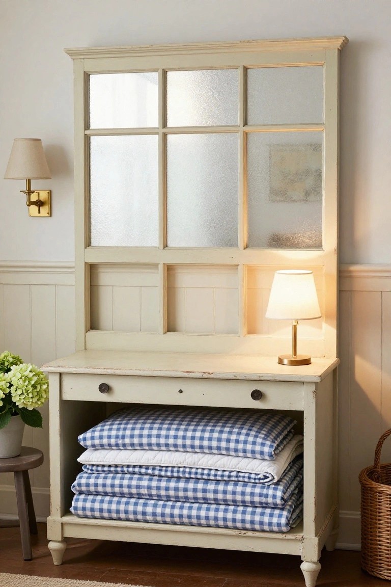Tall cream-painted wooden cabinet repurposed from an old multi-pane window with frosted glass sections used as a mirror, base drawer, and open shelf stacked with blue gingham quilts and white bedding, next to wall lamps, hydrangea plant, and stool in a white interior room.