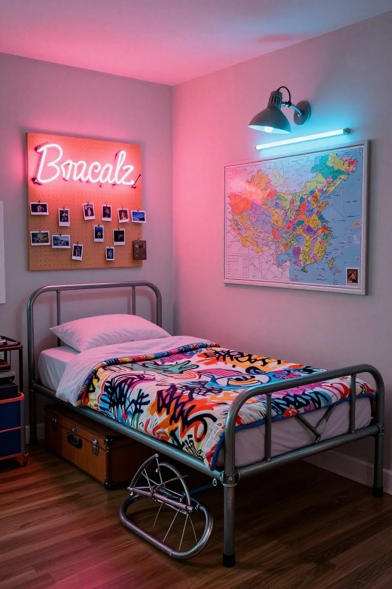Small bedroom with gray metal bed frame on wheels, colorful graffiti-patterned bedding, pink neon "Brocalz" sign, photo corkboard, world map on wall, and pink-blue lighting.