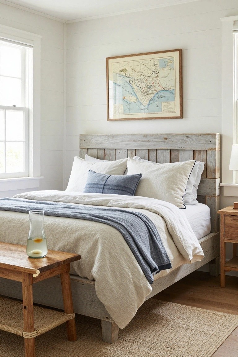 Bedroom with a platform bed featuring a headboard of weathered gray wood planks, neutral linen bedding and pillows, wooden bench and nightstand, glass vase on bench, seagrass rug, and hardwood floors.