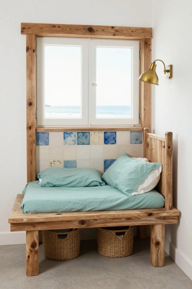Corner window nook with rustic wooden bed frame, turquoise bedding, blue and white hand-painted tiles on the wall, gold wall lamp, two wicker baskets for storage underneath, and ocean view through double casement windows.