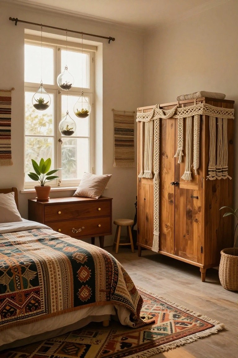 Bedroom with low wooden bed frame topped by colorful patchwork quilt, wooden dresser and wardrobe with macrame details, hanging glass terrariums by window, potted plants, pillows, stool, basket, and woven rug on wood floor.