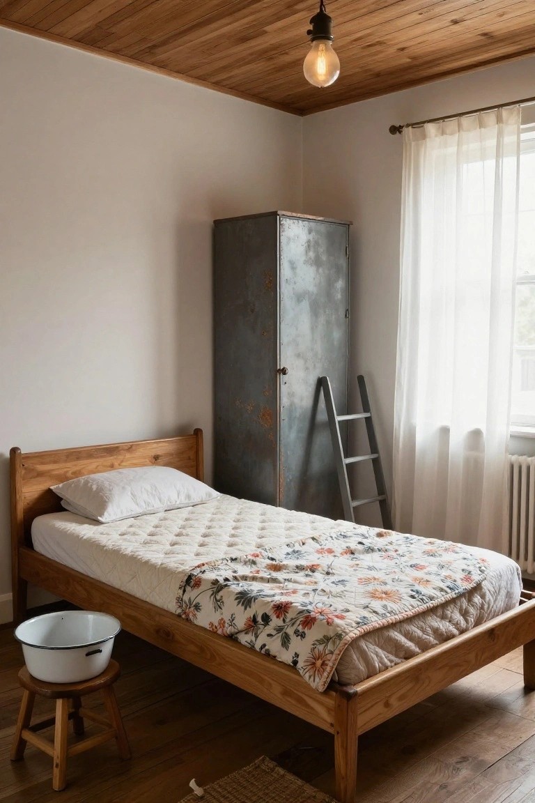 Cozy bedroom interior with low wooden bed frame topped by white quilted mattress and floral blanket, tall rusted metal cabinet nearby, gray ladder leaning against wall, wooden stool holding white enamel basin, sheer curtains on window, wooden plank ceiling and floor.