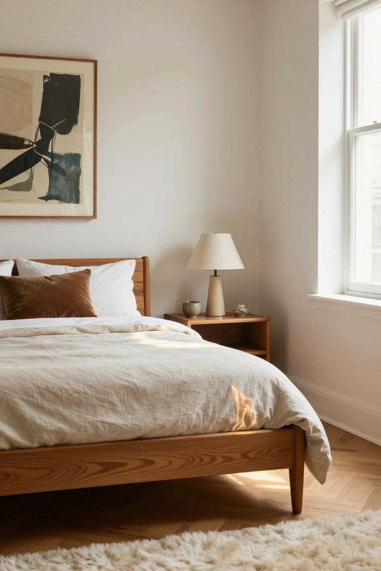 Corner of a bedroom with low oak wood bed frame draped in white linen bedding and pillows, wooden nightstand holding a ceramic lamp and vase, large framed abstract painting on white wall, large window with roller shade, and white shag rug on hardwood floor.