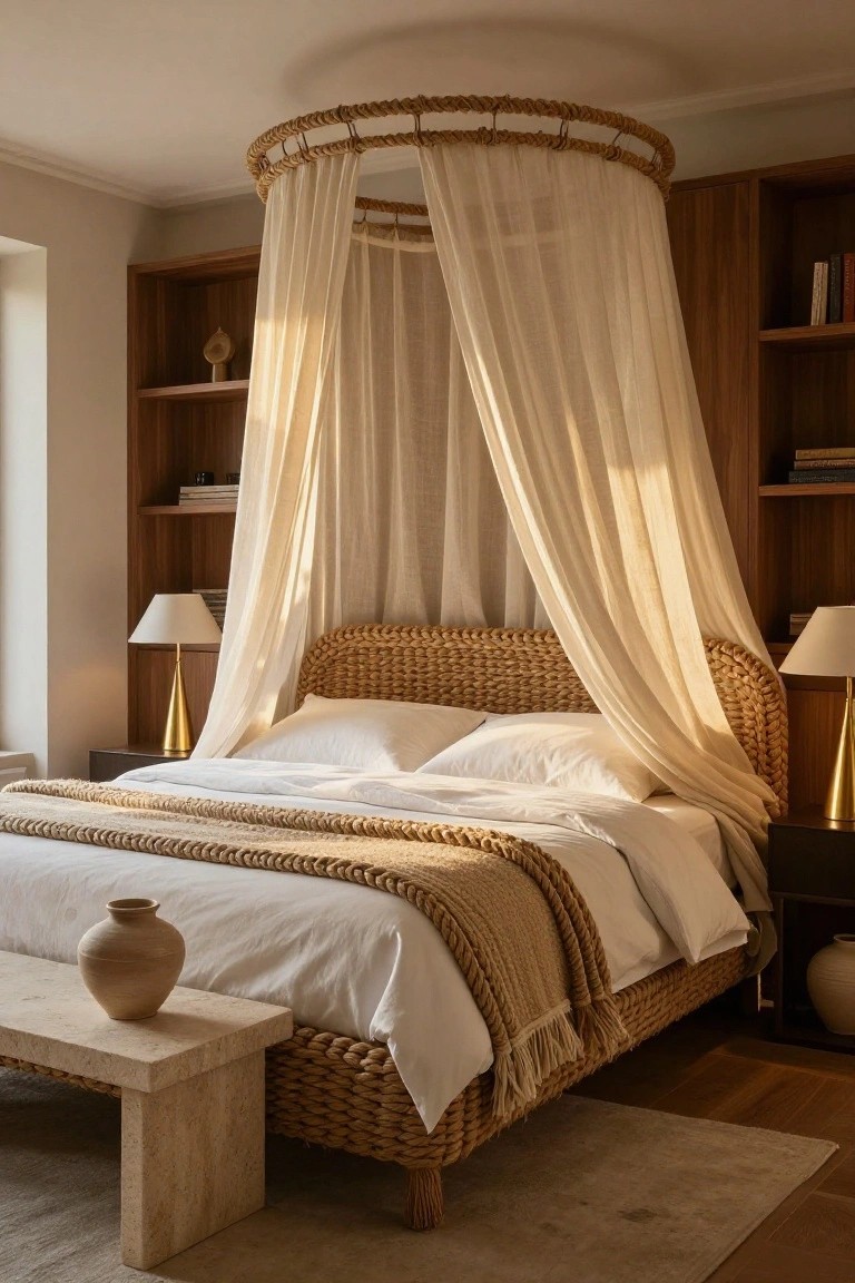 Bedroom with a rattan canopy bed draped in sheer white fabric, white linens, gold lamps on nightstands, wooden bookshelves on one wall, and a stone bench at the foot.
