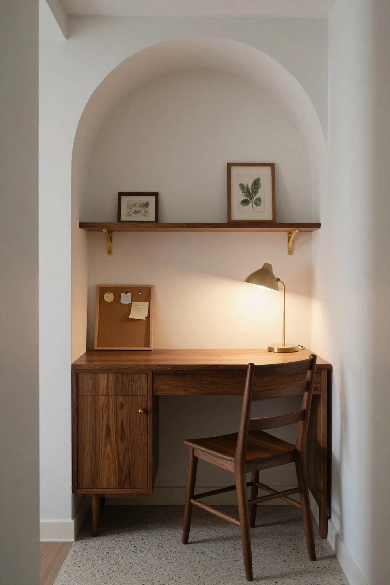 Compact walnut wood desk and chair in a white arched wall recess with wooden shelves holding framed botanical prints, brass desk lamp, and corkboard.