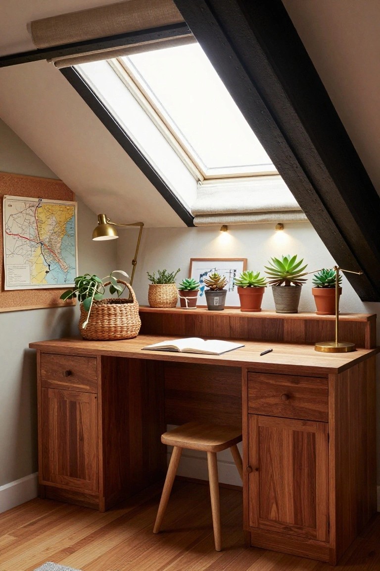 Attic office nook with sloped ceiling, skylight, dark wood desk on drawers, wooden stool, potted plants on shelf, brass lamps, open notebook, and corkboard wall with map.