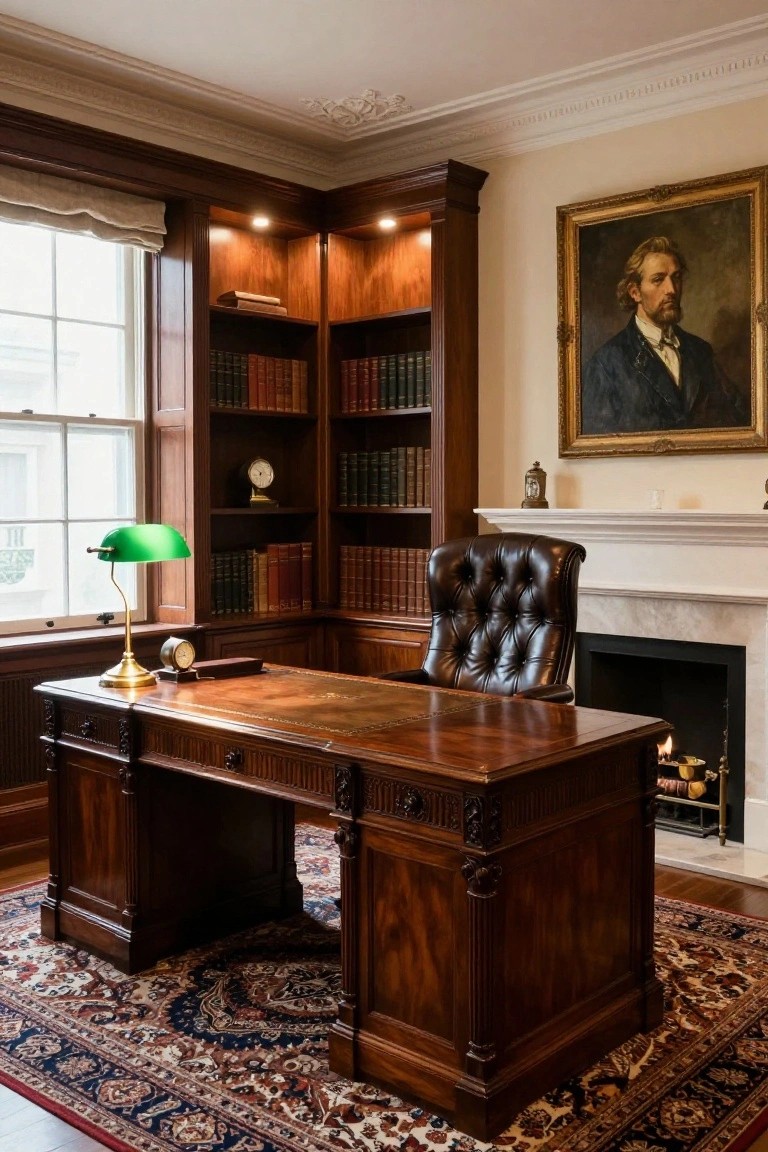 A traditional home office with dark wood built-in corner bookcases filled with books, a large carved mahogany desk, tufted brown leather desk chair, green banker's lamp, and marble fireplace.
