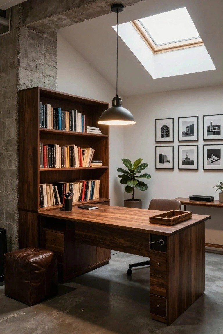 Tall dark wood bookshelves integrated into a wooden desk in a home office with exposed concrete walls, skylight overhead, potted fiddle leaf fig plant, leather pouf stool, office chair, and black-and-white framed photos on white wall.