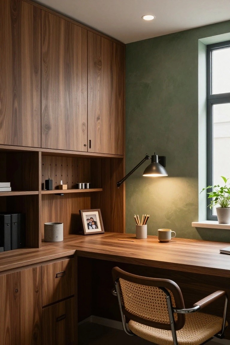 Corner home office setup with dark wood veneer cabinets and L-shaped desk, open shelving, rattan chair with wood frame, wall-mounted adjustable lamp, and potted plant on windowsill.