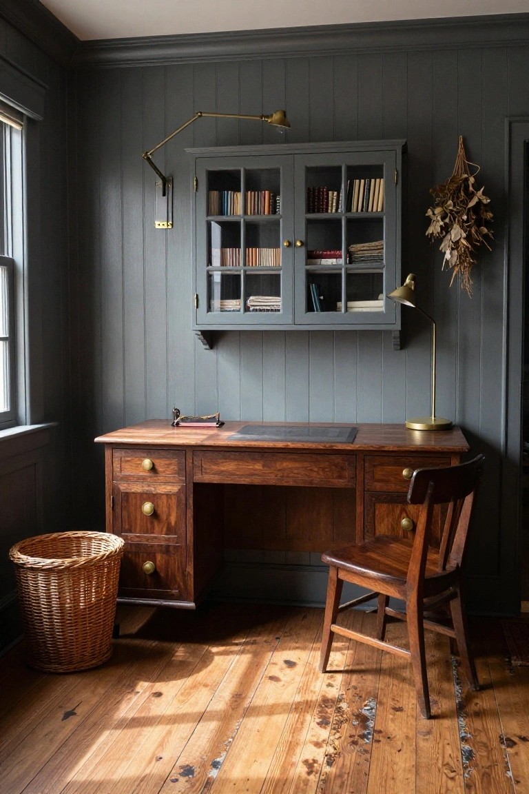 Gray paneled office room with wooden desk featuring brass knobs and drawers, wooden chair, glass-door book cabinet, adjustable wall lamp, desk lamp, dried plant hanging, wicker basket, and wooden floor in sunlight.