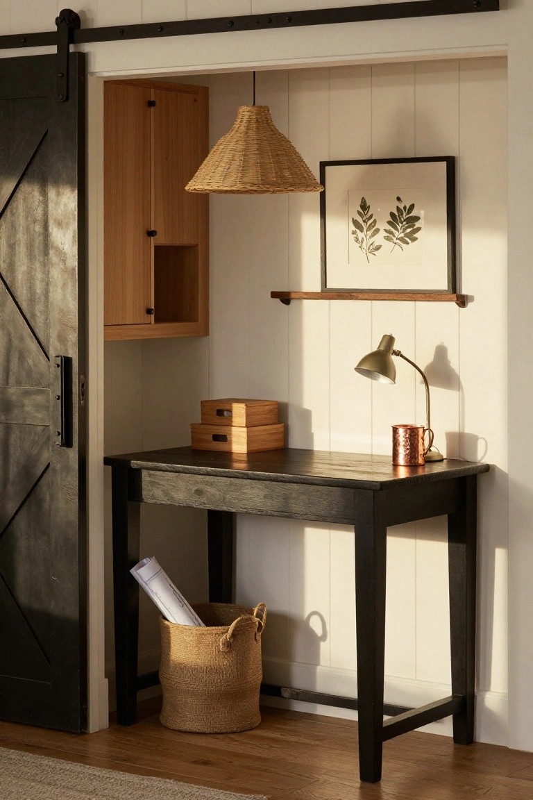 A small dark wood desk in a white shiplap alcove with a partially open black sliding barn door, wooden wall cabinet, rattan pendant light, brass desk lamp, wooden boxes, copper mug, and seagrass basket holding rolled blueprints.