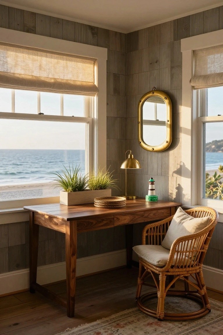 Corner office with walnut desk, rattan chair with cushion, potted grasses, brass lamp, lighthouse figurine, woven tray, and gold porthole mirror on shiplap walls, large windows showing ocean and beach.