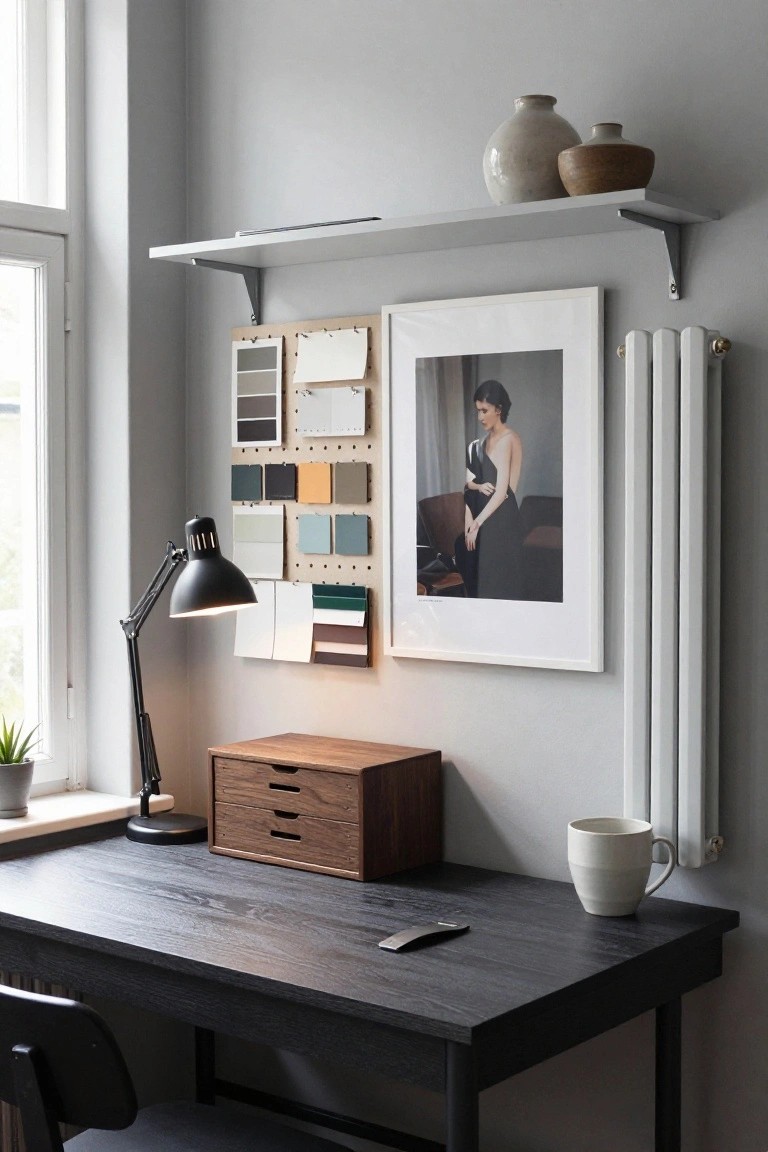 Minimalist home office interior with dark wood desk, adjustable black lamp, wooden drawer unit, pegboard holding color swatches, floating shelves with ceramics, framed portrait on gray wall, window, plant, mug, and radiator.