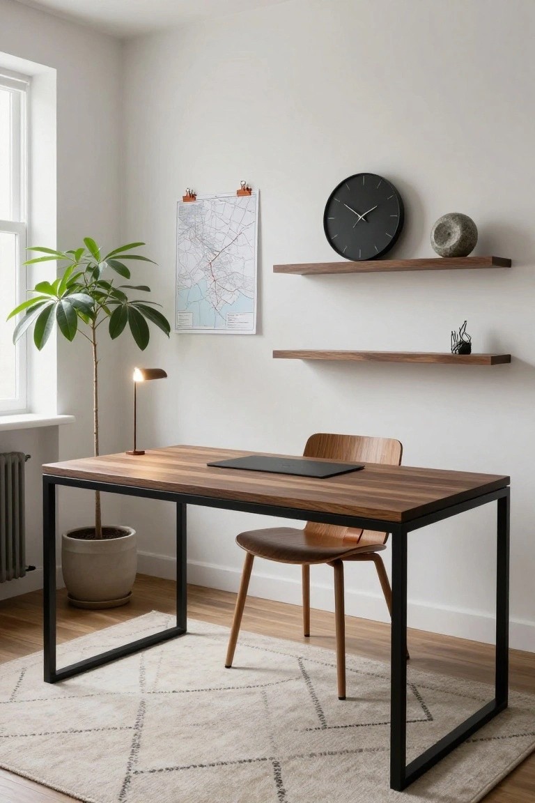 Home office with rectangular dark wood desk on black metal U-legs, wooden chair, potted plant with arched lamp, wooden floating shelves holding clock and stone, map on wall, rug on wood floor.