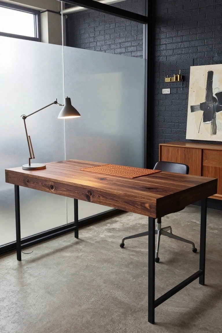Office interior featuring a rectangular dark wood desk with black metal legs, orange runner on top, swivel chair, desk lamp, wooden credenza, and abstract painting on black brick wall with frosted glass partition.