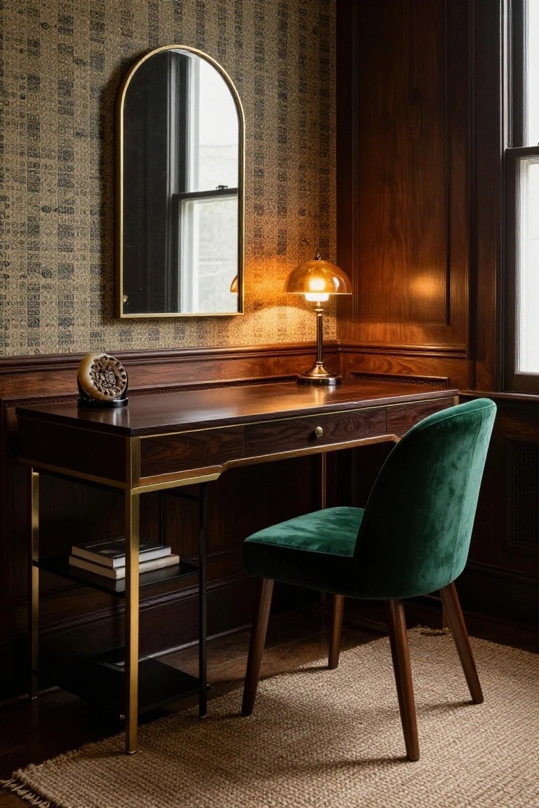Corner office with dark wood desk featuring brass legs and frame, green velvet chair, arched gold mirror, globe lamp on wood-paneled walls with beige patterned wallpaper.