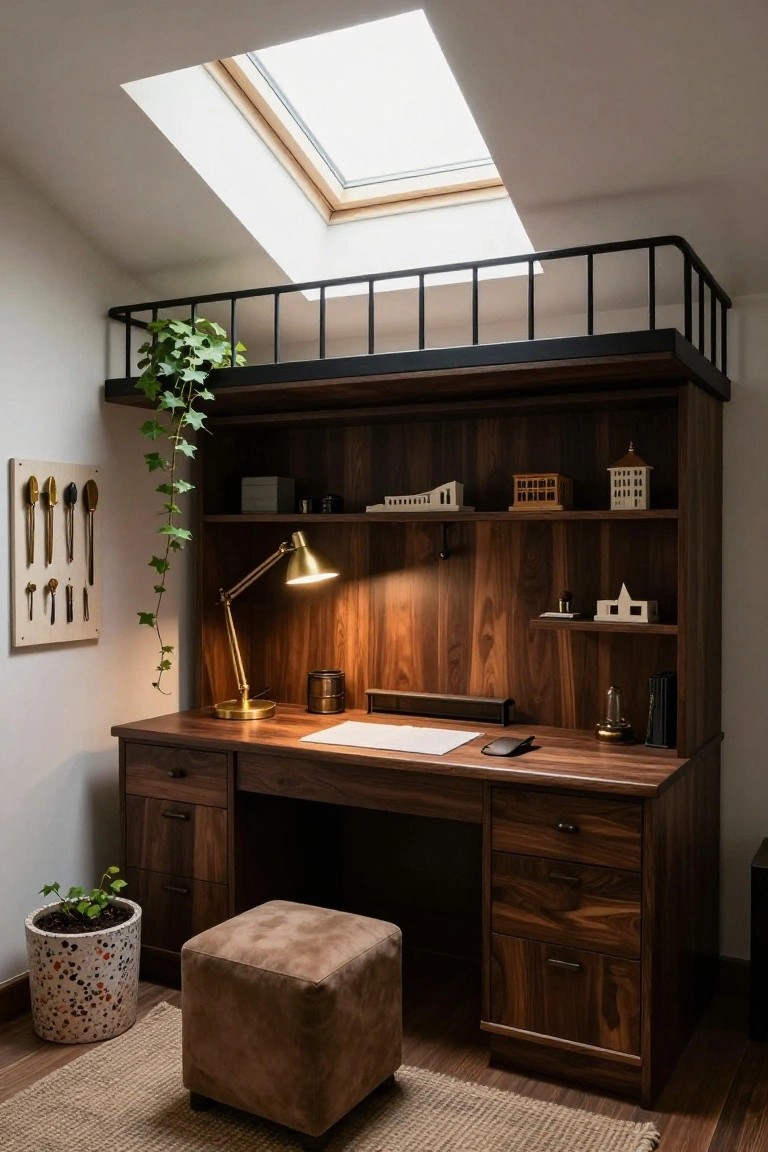 Cozy wooden loft desk with brass lamp under skylight.
