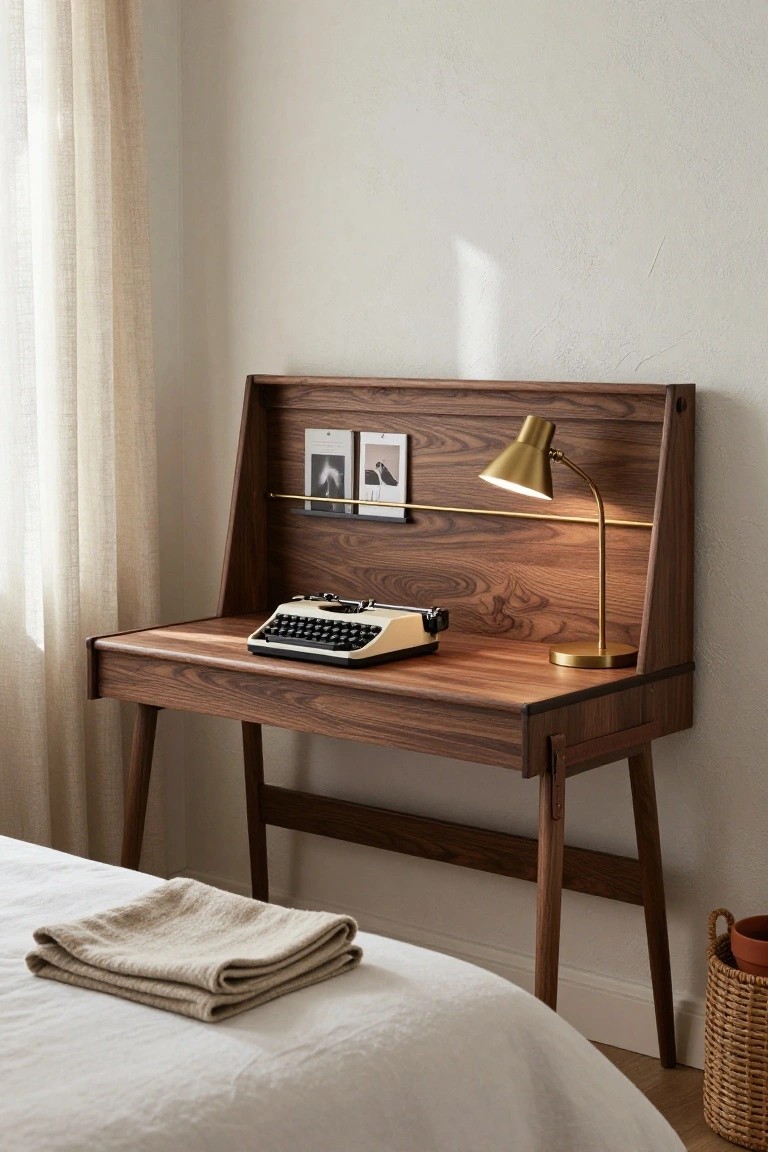 A walnut wood desk with hutch shelving holding books and photos, a vintage typewriter on top, and a gold gooseneck lamp, positioned in a bedroom corner next to a bed with beige linens and sheer curtains on a window.