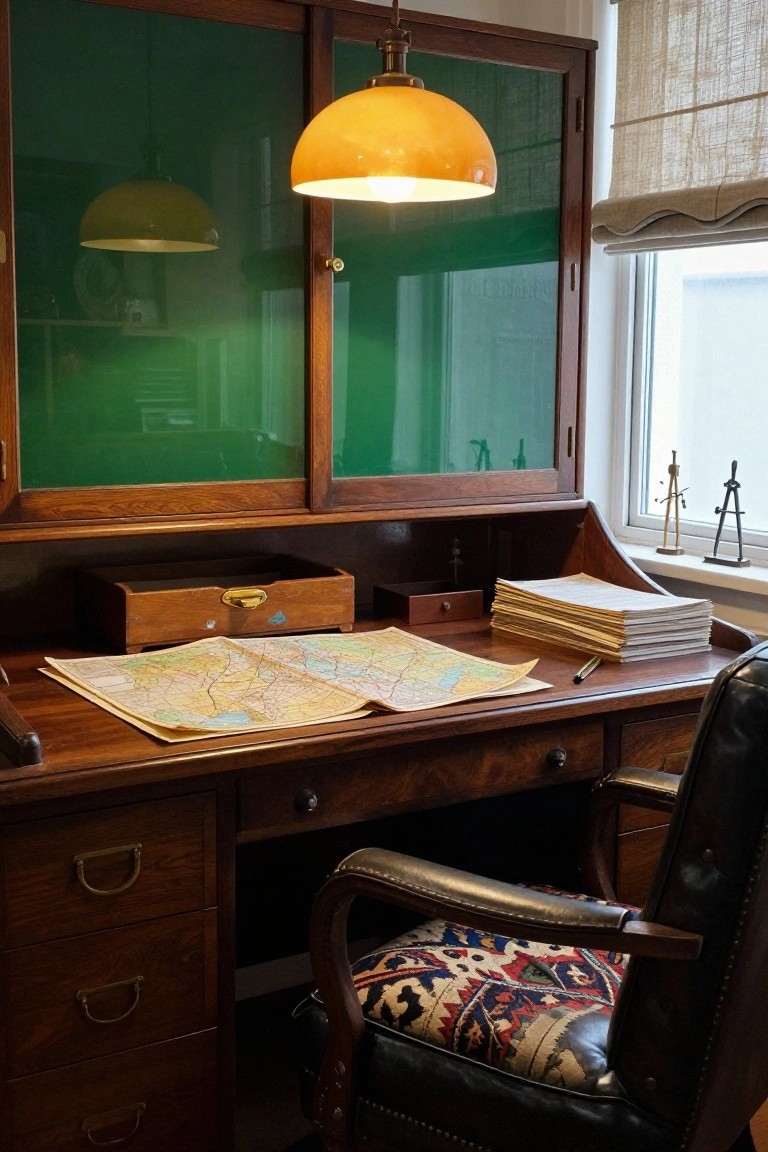Dark wood desk with a large folded map, wooden boxes, paper stacks, and pen on top, leather armchair with patterned cushion beside it, wooden cabinet with green glass doors above the desk, orange pendant light overhead, and window with sheer curtain nearby.
