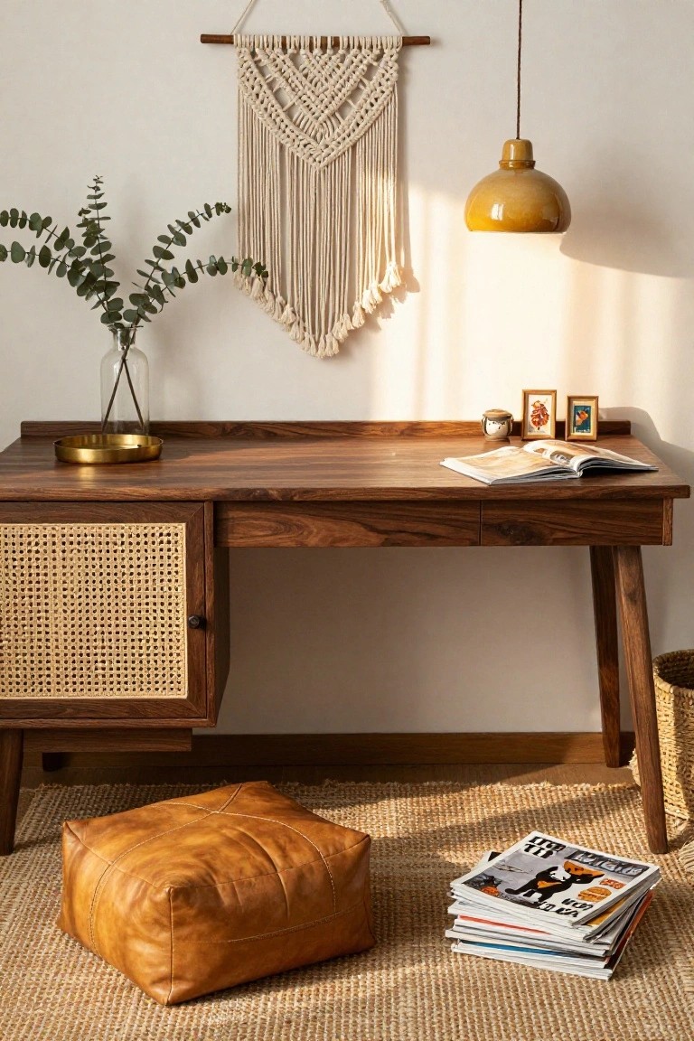 Dark wood office desk with rattan-front cabinet door, brass tray, eucalyptus vase, open book, small frames, leather pouf, and stacked magazines on a jute rug.