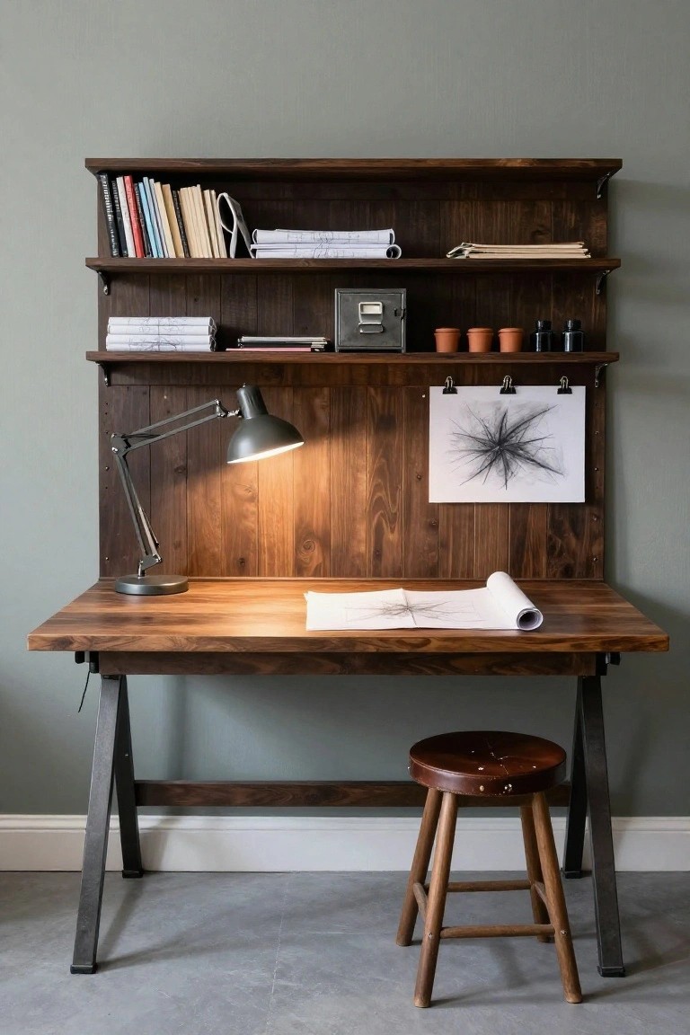 Home office setup with dark wood desk on black metal sawhorse legs, upper wooden shelves holding books, blueprints, and a metal box, adjustable desk lamp, drawing pinned to the back panel, and wooden stool nearby against gray wall.