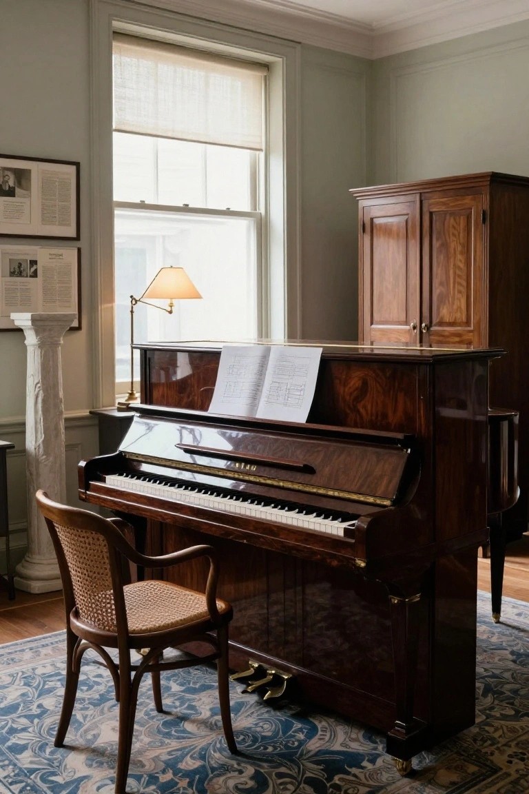 Polished dark wood grand piano with sheet music in a pale green room featuring wooden armoire, wicker chair, desk lamp, column pedestal, and window with shades.