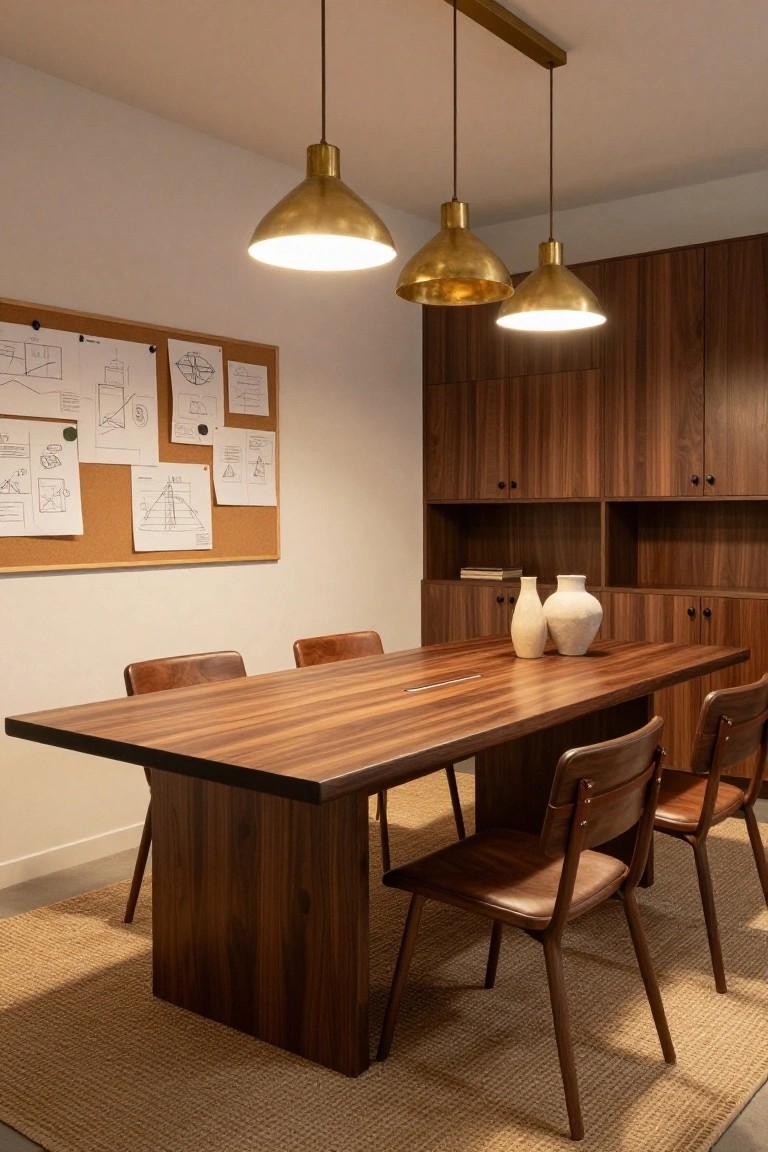 Contemporary office interior with large rectangular dark wood table, four wood chairs with leather seats, two white ceramic vases on the table, dark wood cabinets with open shelves along one wall, three brass pendant lights above, and corkboard with sketches on adjacent wall.