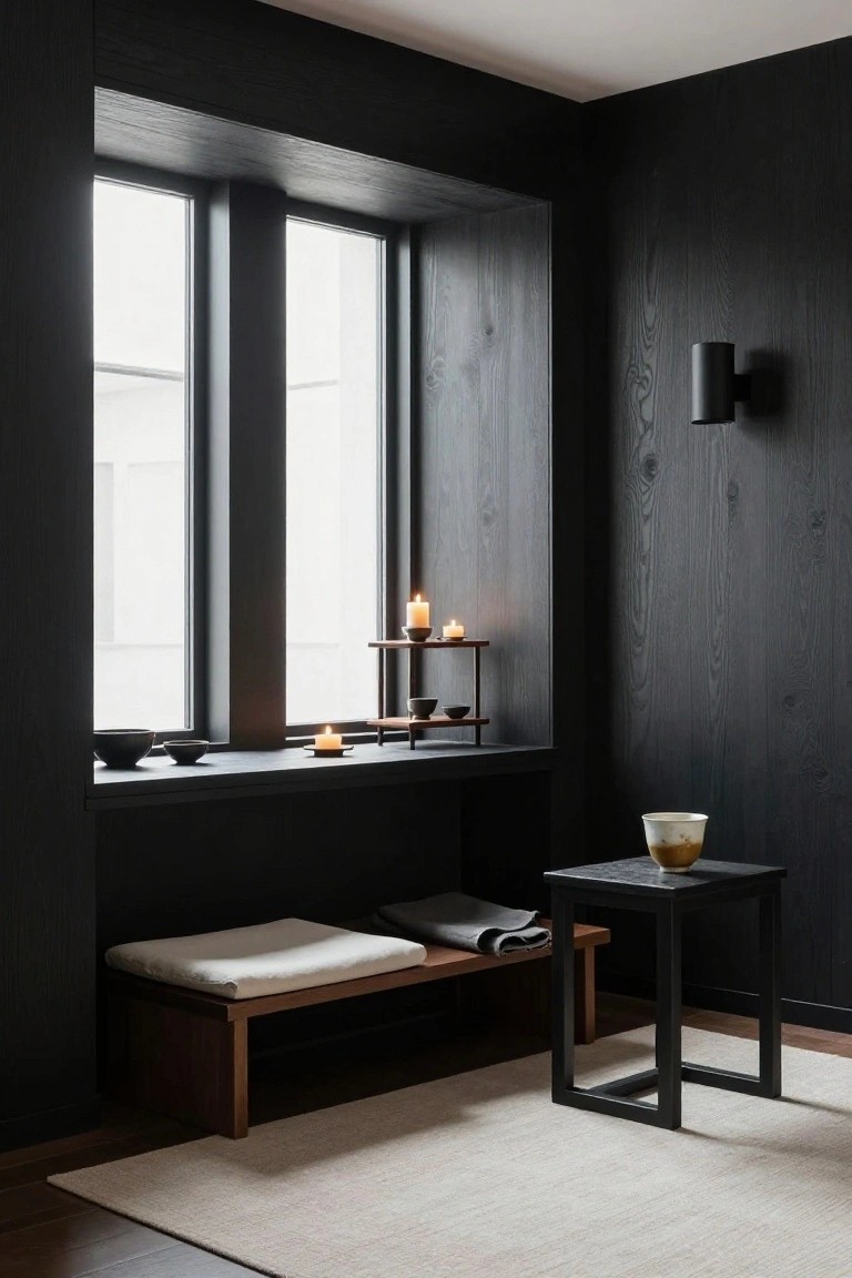 Dark wood paneled room corner with a window recess containing shelves holding lit candles and black bowls, a cushioned wooden bench below, a small black metal table with a cup, and a light-colored rug.