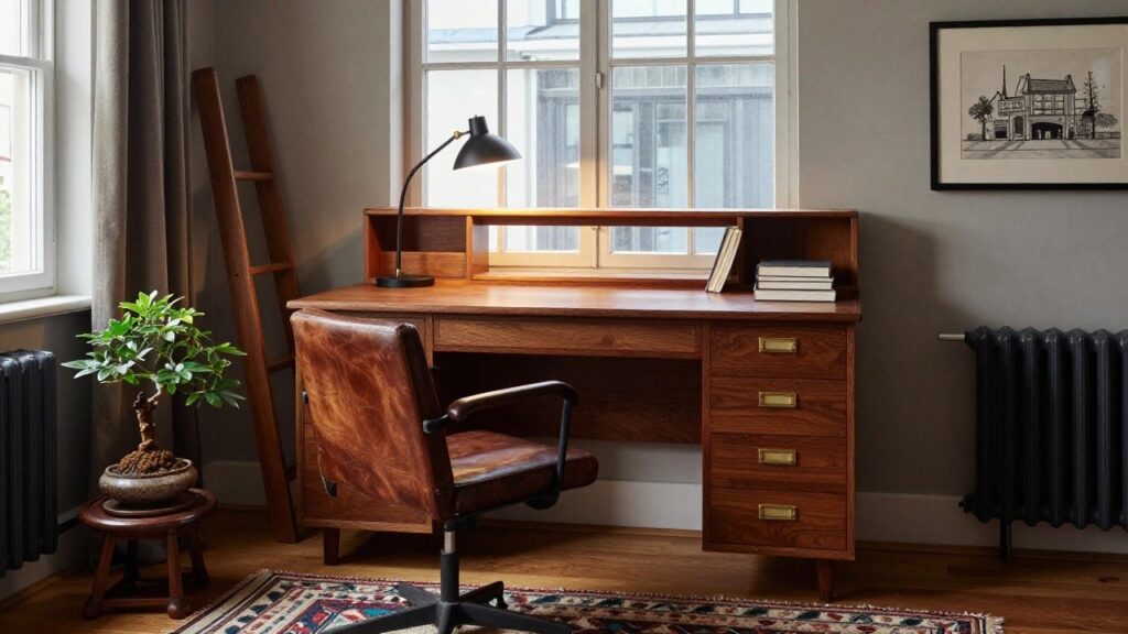 25 Dark Wood Office Decor Ideas With Rich Character Tall dark wood bookshelf unit with sliding ladder, integrated desk, leather chair, desk lamp, books, and bonsai plant in a home office corner by a window.