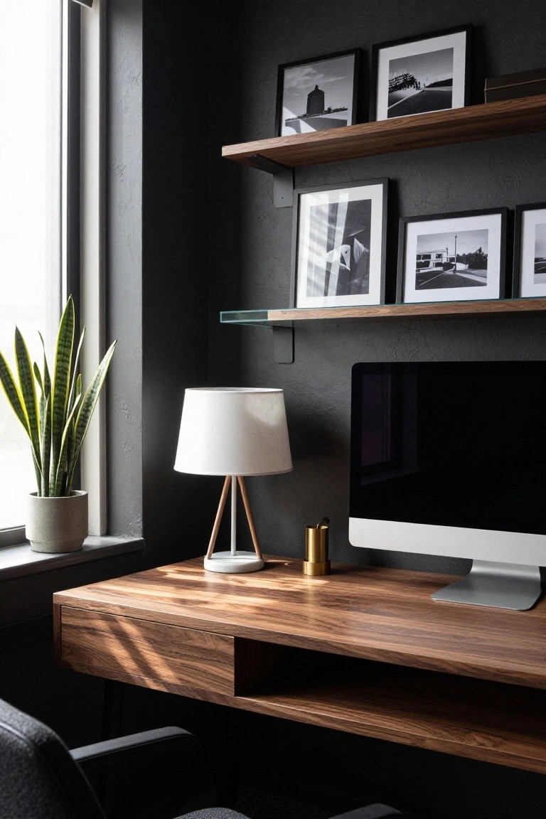 Home office with floating dark wood desk holding iMac and gold candle holder, white tripod lamp beside it, snake plant in gray pot near window, and floating wood shelves displaying black and white framed photos against dark walls.