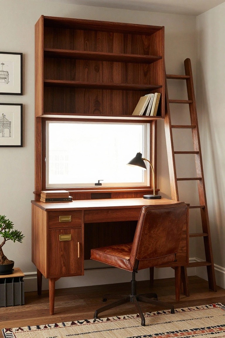 Tall dark wood bookshelf unit with sliding ladder, integrated desk, leather chair, desk lamp, books, and bonsai plant in a home office corner by a window.