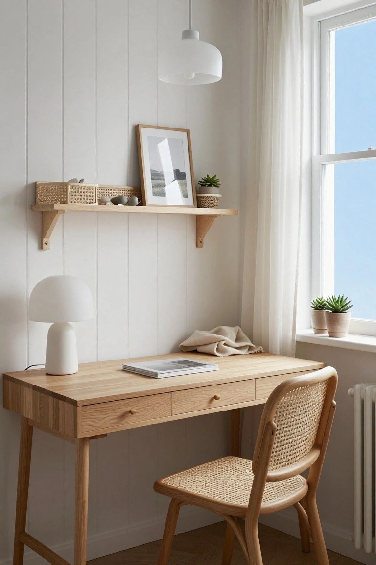 Home office corner with light oak desk on angled legs, rattan chair, white table lamp, floating wooden shelves holding baskets plants and frames, against white vertical paneled wall next to window with sheer curtains.